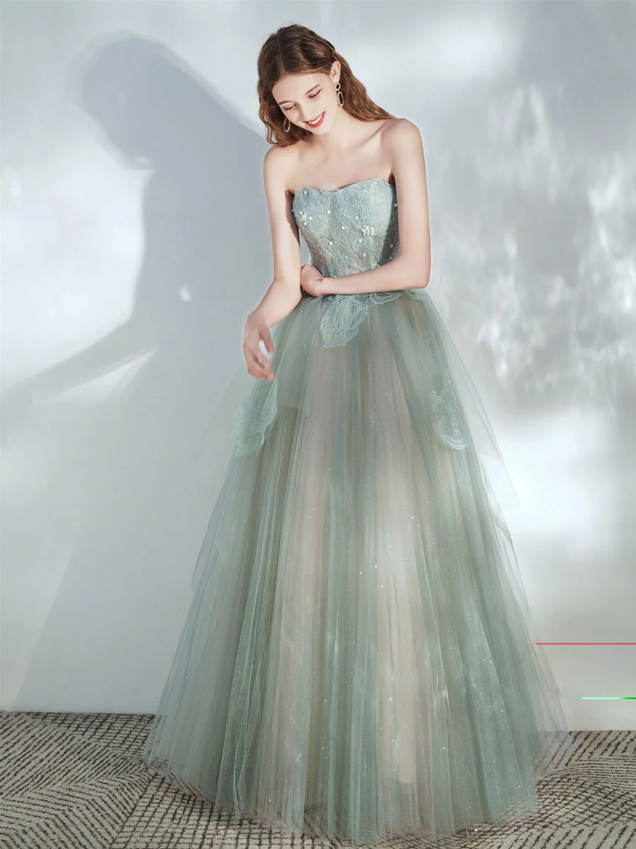 Green Tulle Lace Long Prom Dress, Green Tulle Evening Dress - Deanwangkt