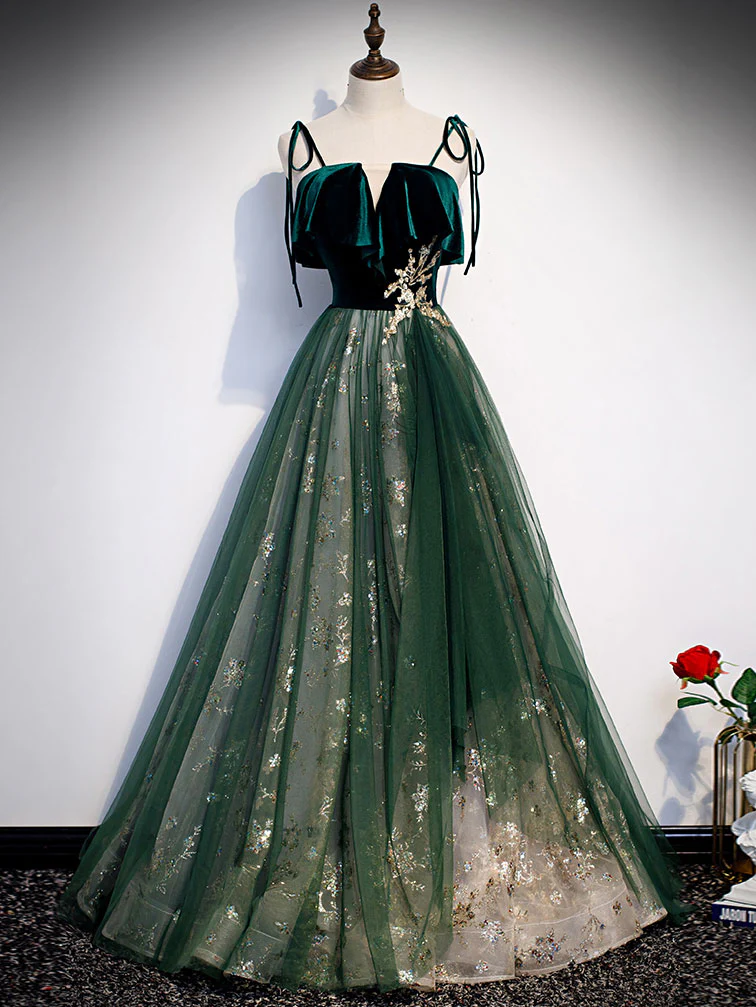 Green Tulle Lace Long Prom Dress, Green Tulle Formal Dress - Deanwangkt