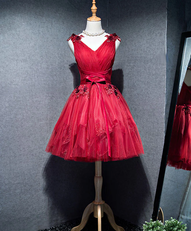 Simple V Neck Tulle Burgundy Homecoming Dress,  Burgundy Prom Dress - Deanwangkt