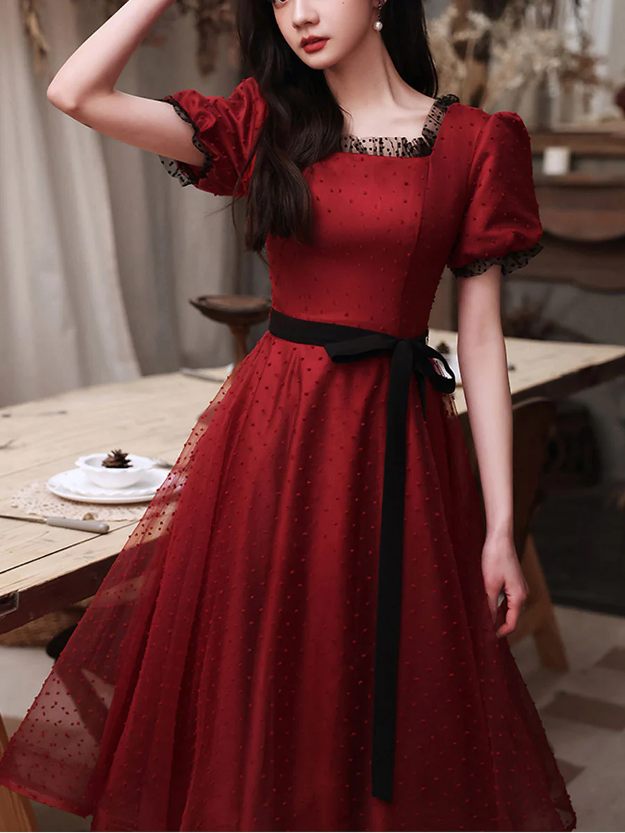 Burgundy Tulle Lace Short Prom Dress, Burgundy Bridesmaid Dress - Deanwangkt