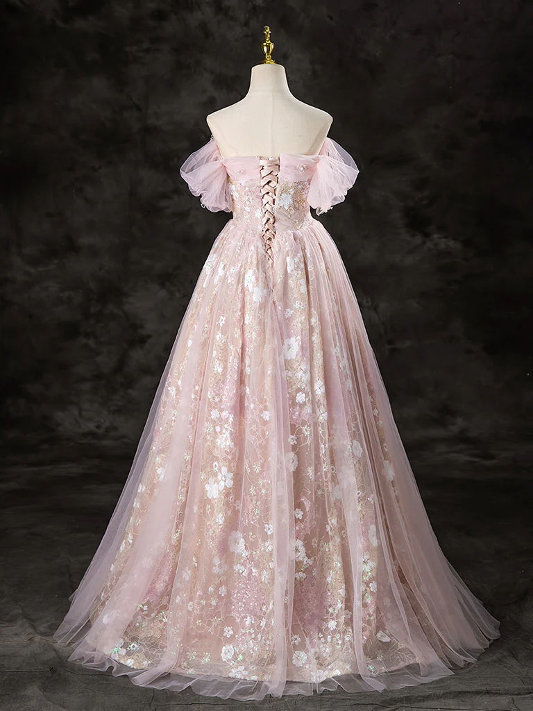 A-Line Off Shoulder Tulle Lace Pink Long Prom Dress, Lace Formal Dress - Deanwangkt
