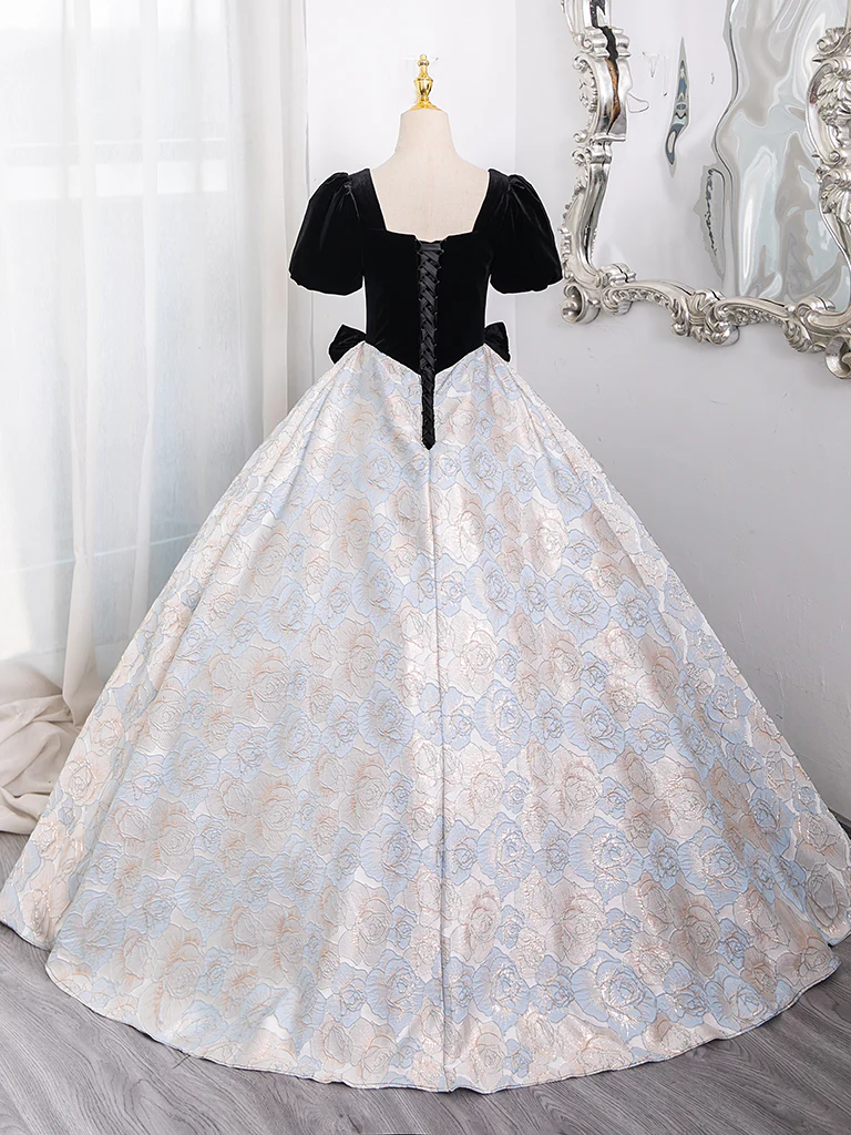 A-Line Short Sleeves Satin Velvet Black Long Prom Dress, Black Long Formal Dress - Deanwangkt