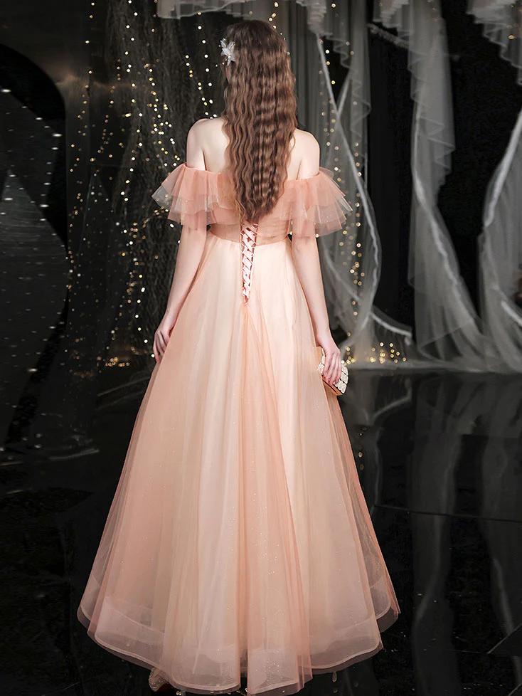 Champagne Sweetheart Neck Tulle Long Prom Dress, Tulle Formal Dress - Deanwangkt