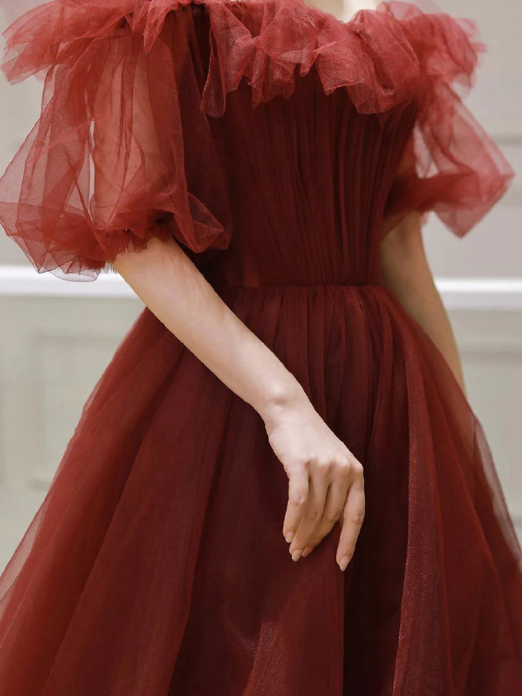 Burgundy Off Shoulder Tulle Long Prom Dress, Burgundy Evening Dress - Deanwangkt