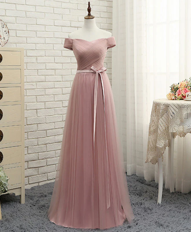 Pink A LineTulle Off Shoulder Long Prom Dress, Evening Dress - Deanwangkt