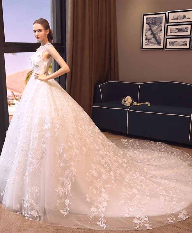 White Round Neck Lace Tulle Long Prom Dress, Wedding Dress - Deanwangkt