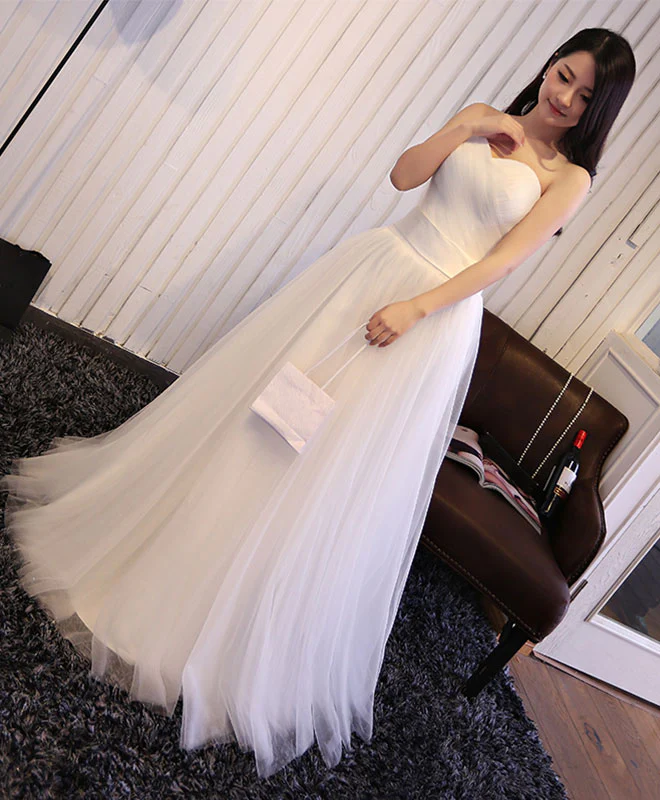 White Sweetheart Neck Tulle Long Prom Dress, Wedding Dress - Deanwangkt