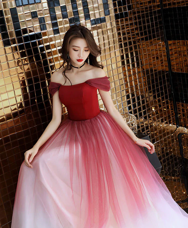 Unique Burgundy Off Shoulder Tulle Long Prom Dress, Burgundy Evening Dress - Deanwangkt