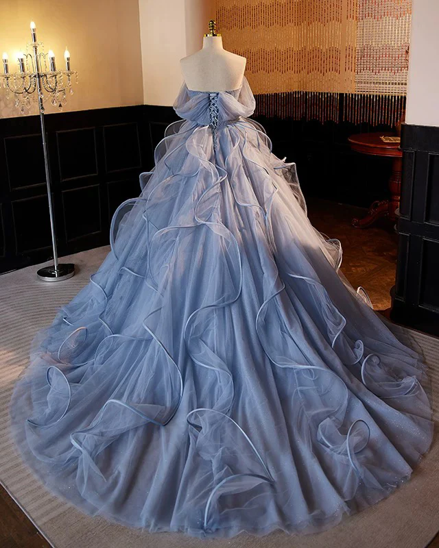 A-Line V Neck Tulle Lace Gray Blue Long Prom Dress, Blue Long Sweet 16 Dress - Deanwangkt