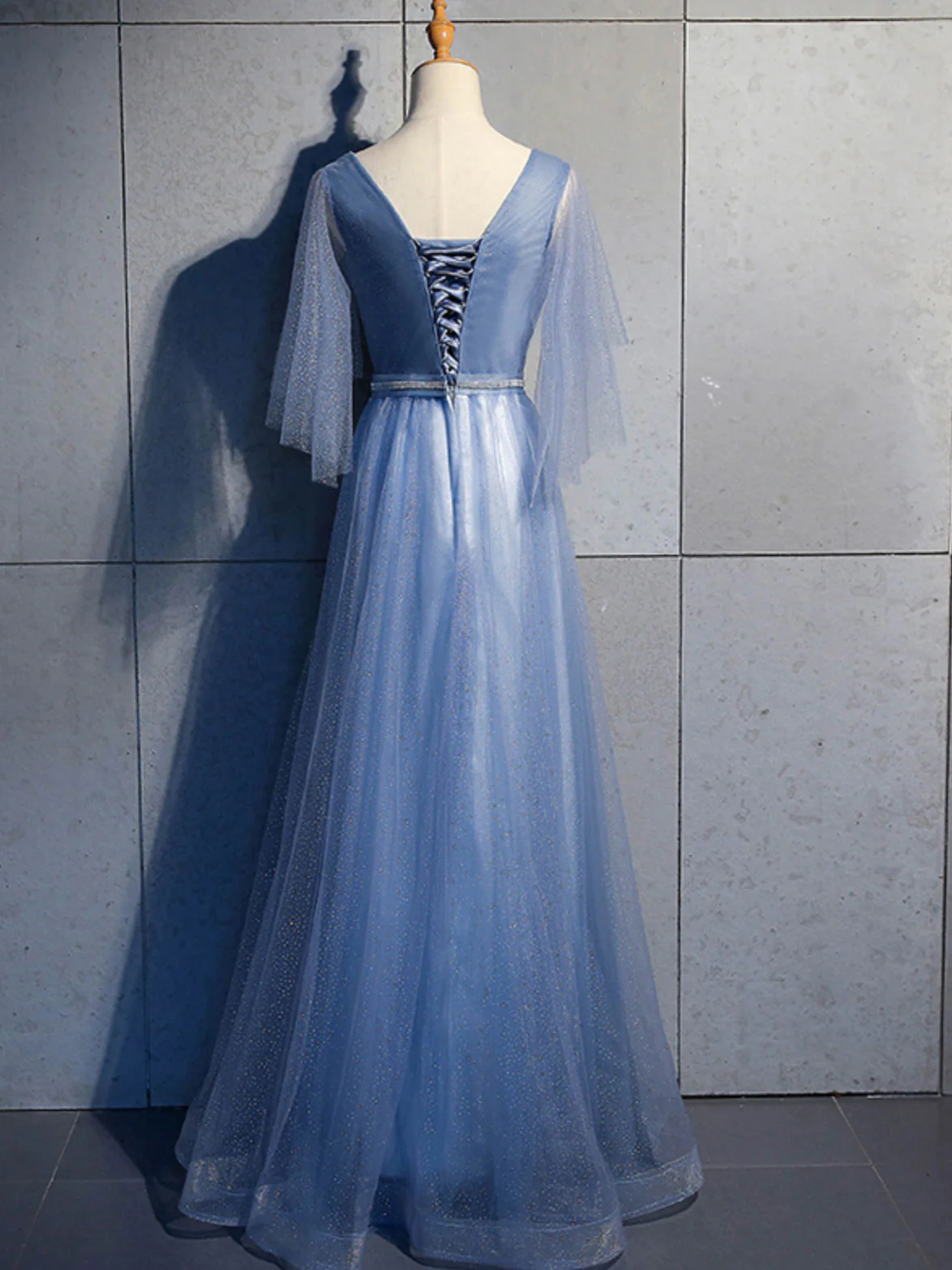 Simple V Neck Tulle Sequin Long Prom Dress, A line Tulle Evening Dresses - Deanwangkt