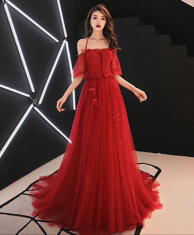 Unique Red Tulle Lace Long Prom Dress Tulle Red Evening Dress - Deanwangkt