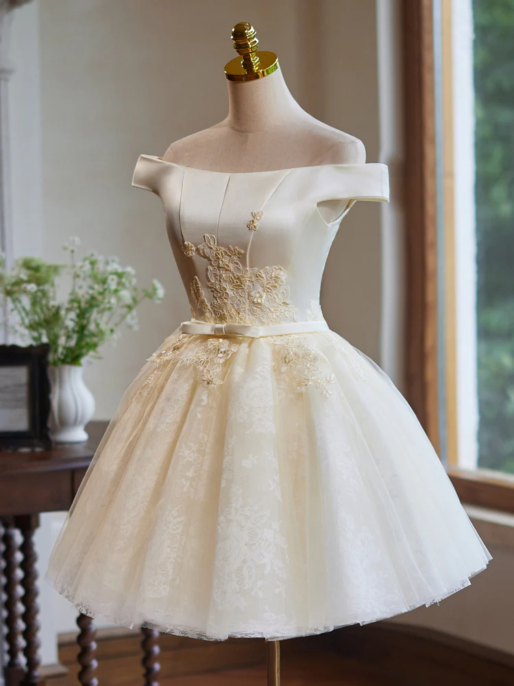 A-Line Off Shoulder Tulle Lace Short Champagne Prom Dress, Champagne Homecoming Dress - Deanwangkt