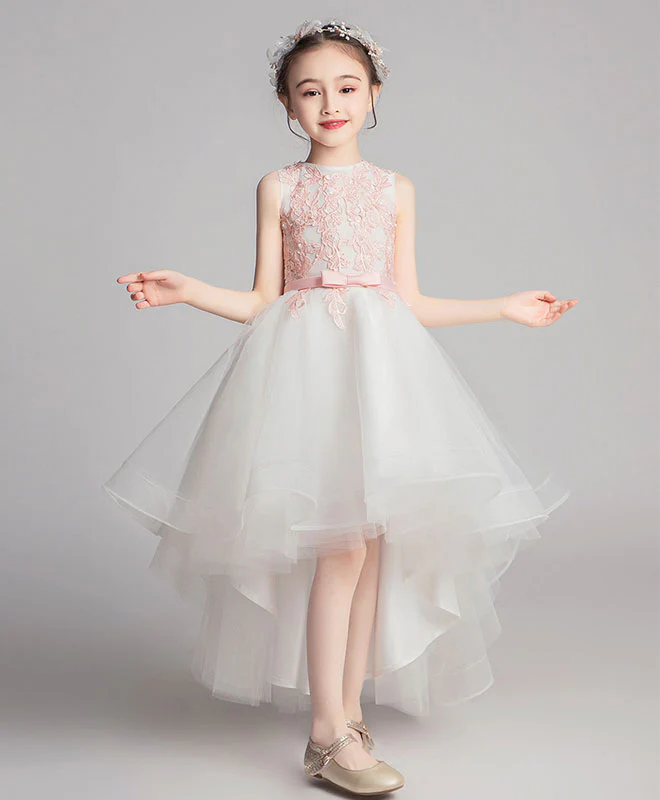White Round Neck Tulle Lace High Low Prom Dress, Lace Flower Girl Dress - Deanwangkt
