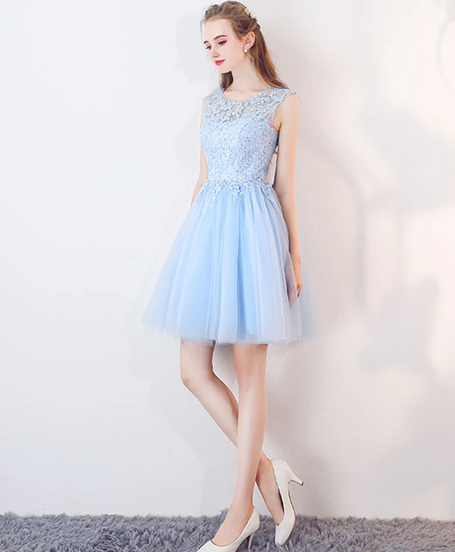 Cute Blue Tulle Lace Short Prom Dress, Blue Homecoming Dress - Deanwangkt