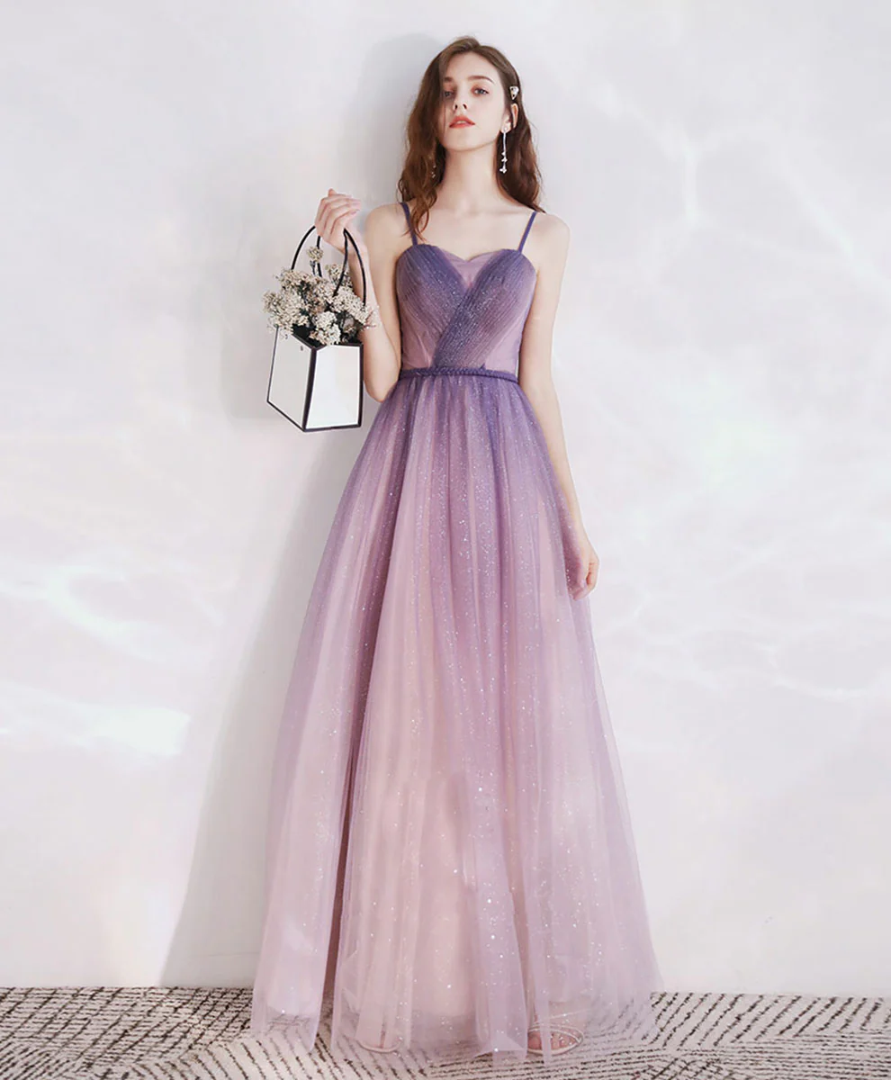 Purple Aline Tulle Long Prom Dress, Tulle Long Purple Evening Dress - Deanwangkt