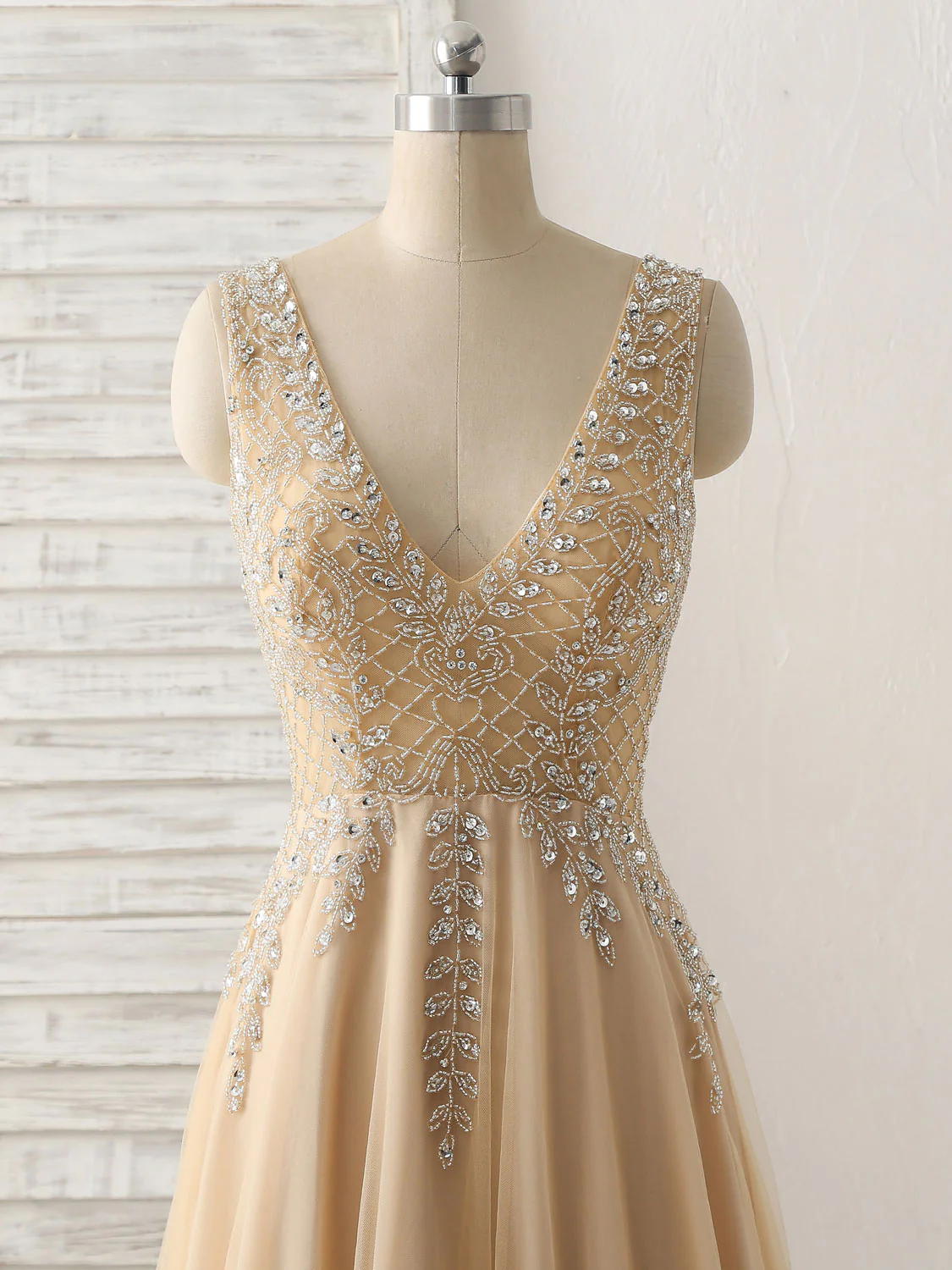 Champagne V Neck Beads Long Prom Dress Tulle Evening Dress - Deanwangkt
