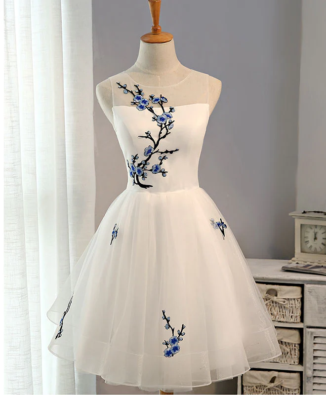 White A-Line Tulle Short Prom Dress, White Evening Dress - Deanwangkt
