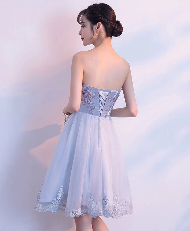Gray Tulle Lace Applique Short Prom Dress, Gray Homecoming Dress - Deanwangkt