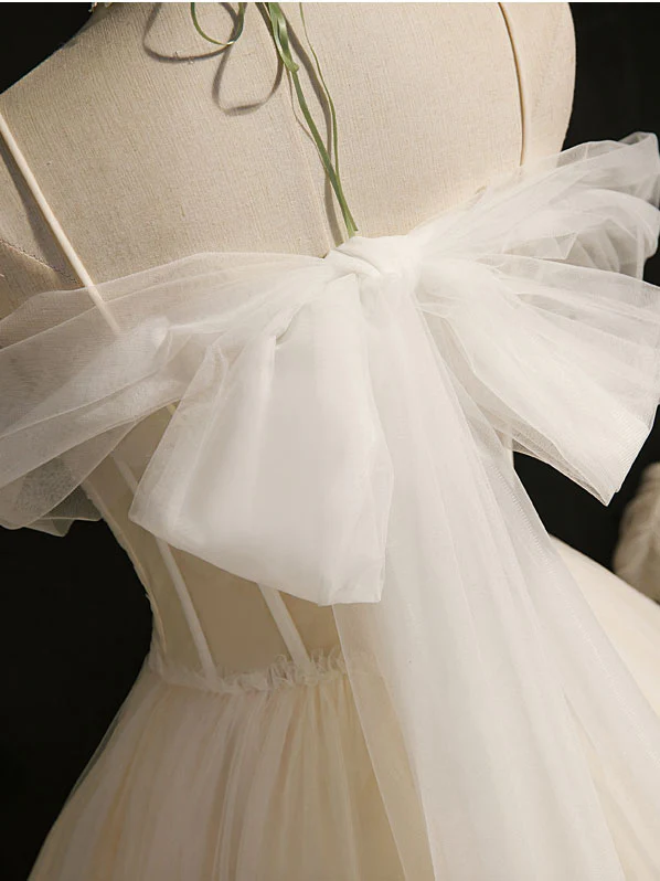 Light Champagne Tulle Short Prom Dress, Puffy Tulle Lace Homecoming Dress - Deanwangkt