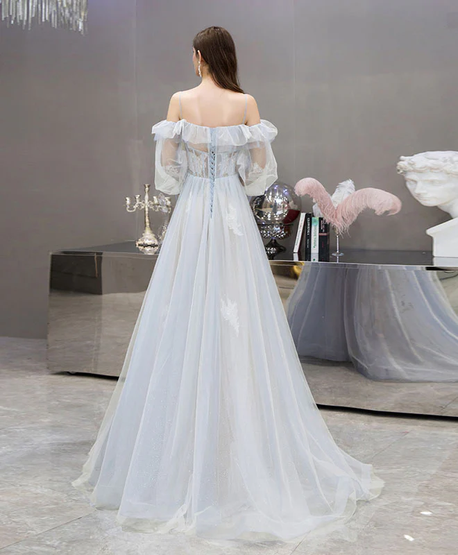 Blue Tulle Lace Long Prom Dress Blue Lace Evening Dress - Deanwangkt