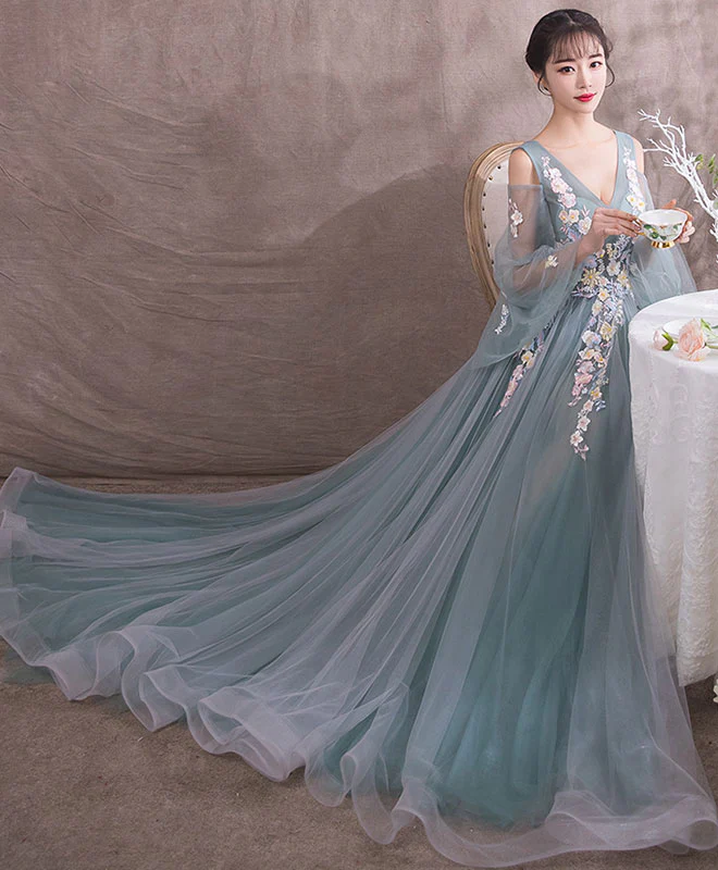Green V Neck Tulle Lace Long Prom Dress, Gray Green Evening Dress - Deanwangkt