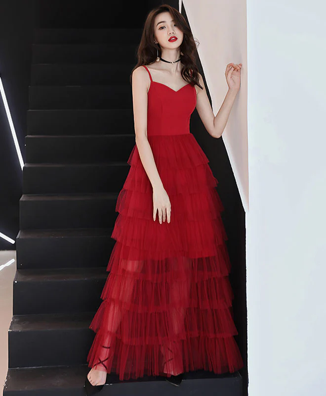 Simple Red Tulle Long Prom Dress, Red Tulle Evening Dress - Deanwangkt