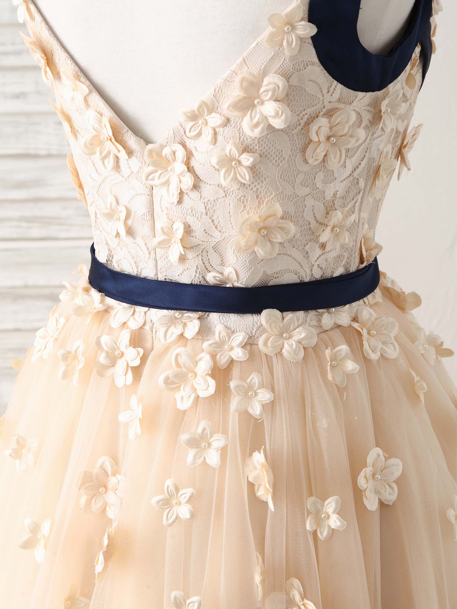 Unique Champagne Lace Tulle Long Prom Dress, Champagne Evening - Deanwangkt
