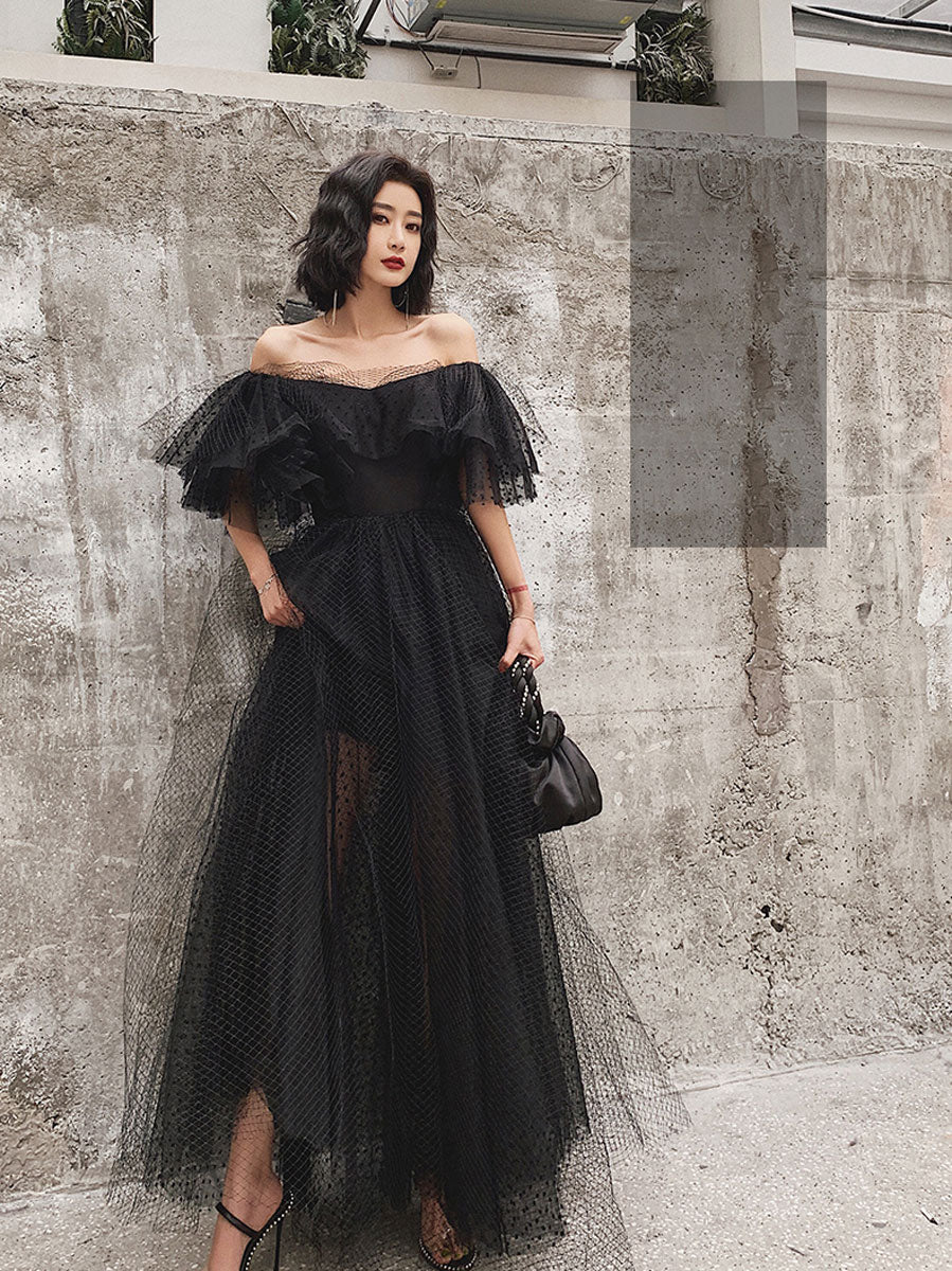 Black Tulle Long Prom Dress, Formal Dress Black Graduation Dresses - Deanwangkt