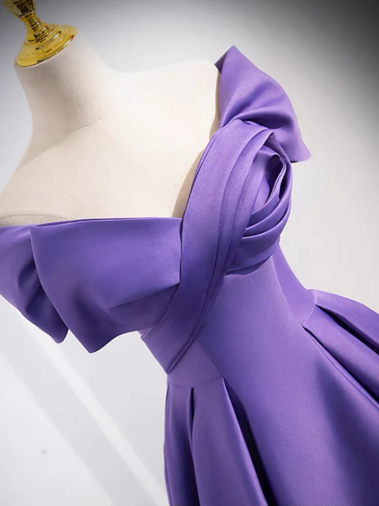 A-Line off Shoulder Satin Purple Long Prom Dress, Purple Long Evening Dress - Deanwangkt