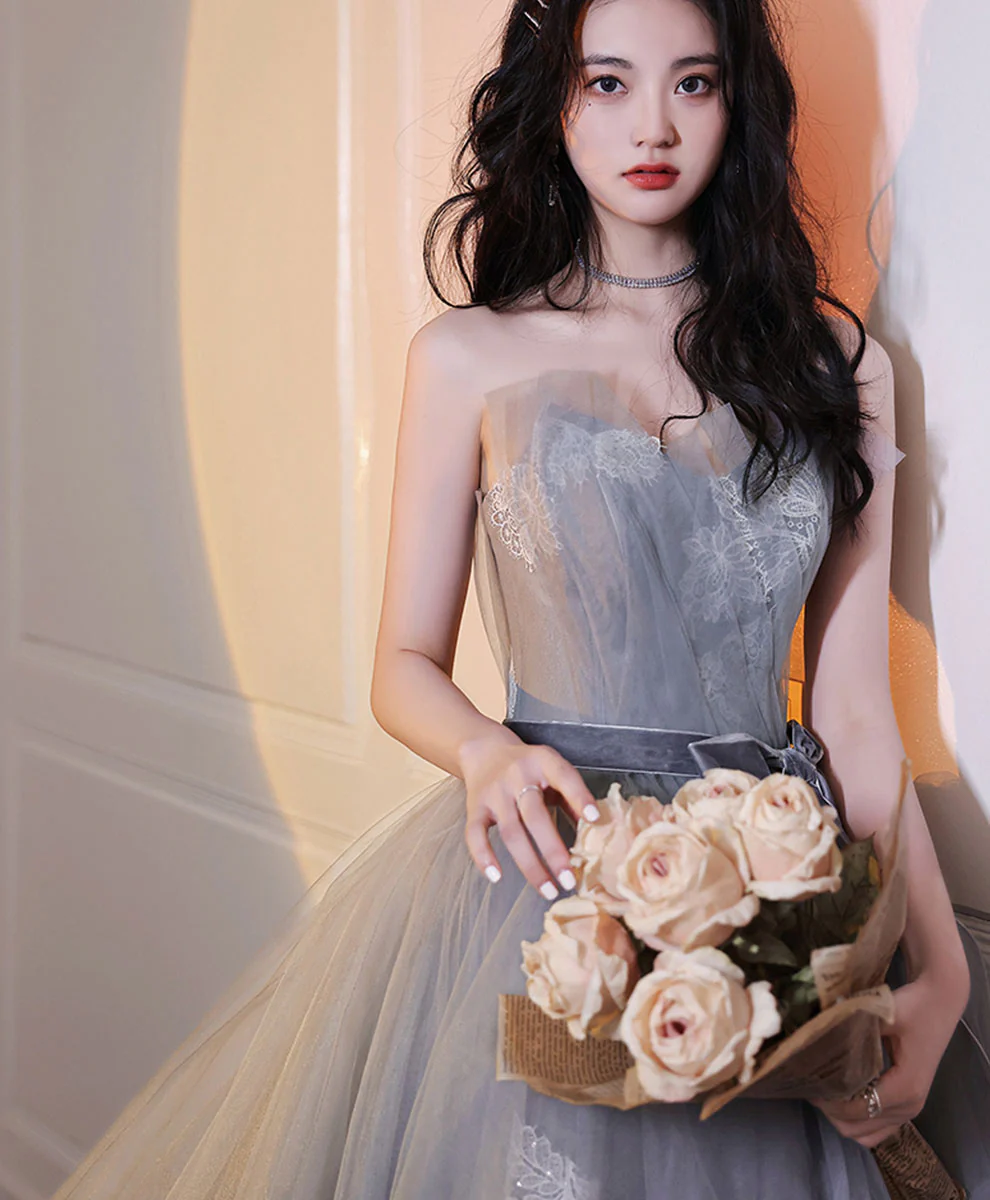 Gray Tulle Lace Long Prom Dress Gray Tulle Formal Dress - Deanwangkt