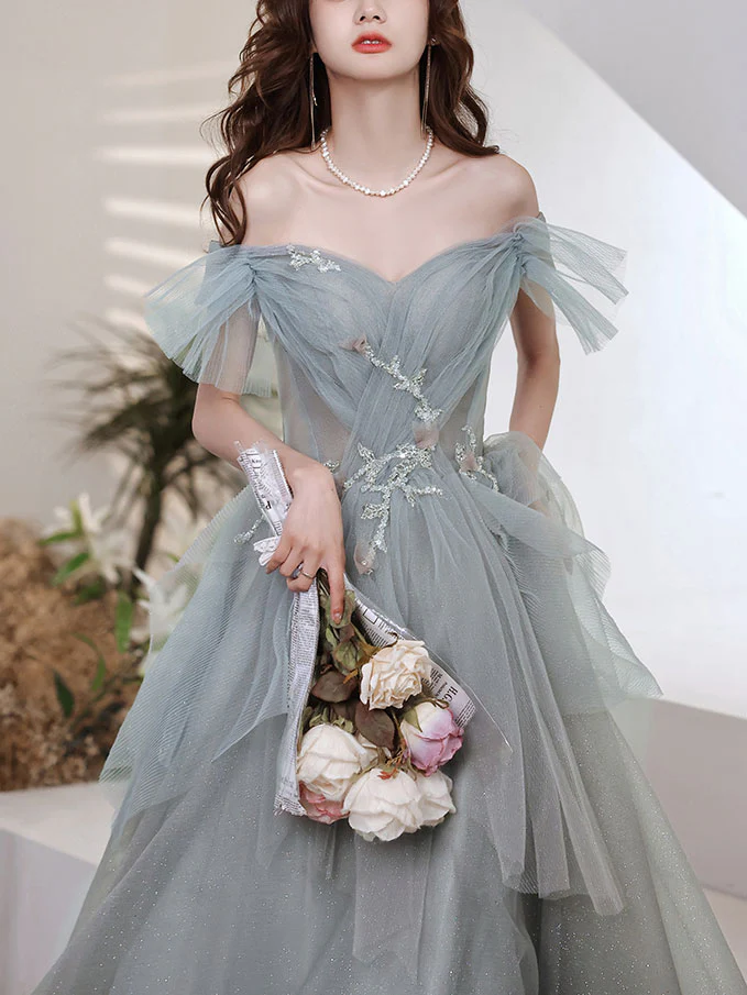 Gray Blue Sweetheart Neck Tulle Long Prom Dress Gray Evening Dress - Deanwangkt