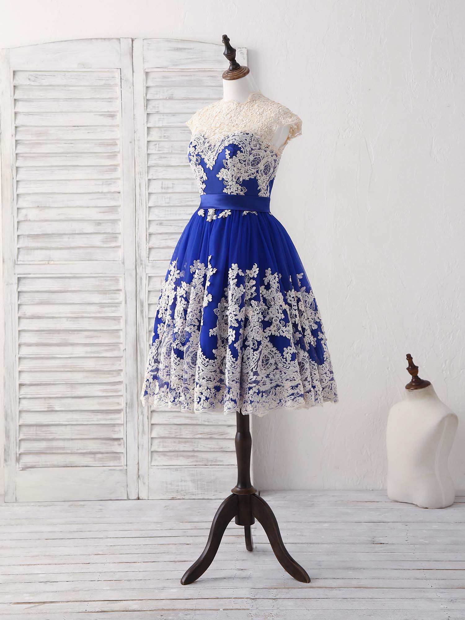 Unique Blue Tulle Lace Applique Short Prom Dress, Blue Bridesmaid Dress - Deanwangkt