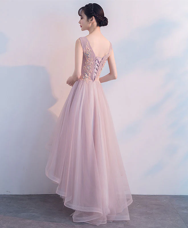 Cute V Neck Light Pink Tulle Lace Prom Dress, Tulle Evening Dress - Deanwangkt