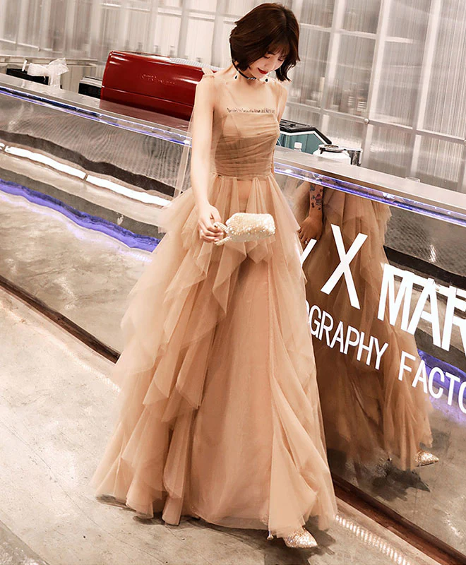 Champagne Tulle Long Prom Dress, Champagne Evening Dress - Deanwangkt
