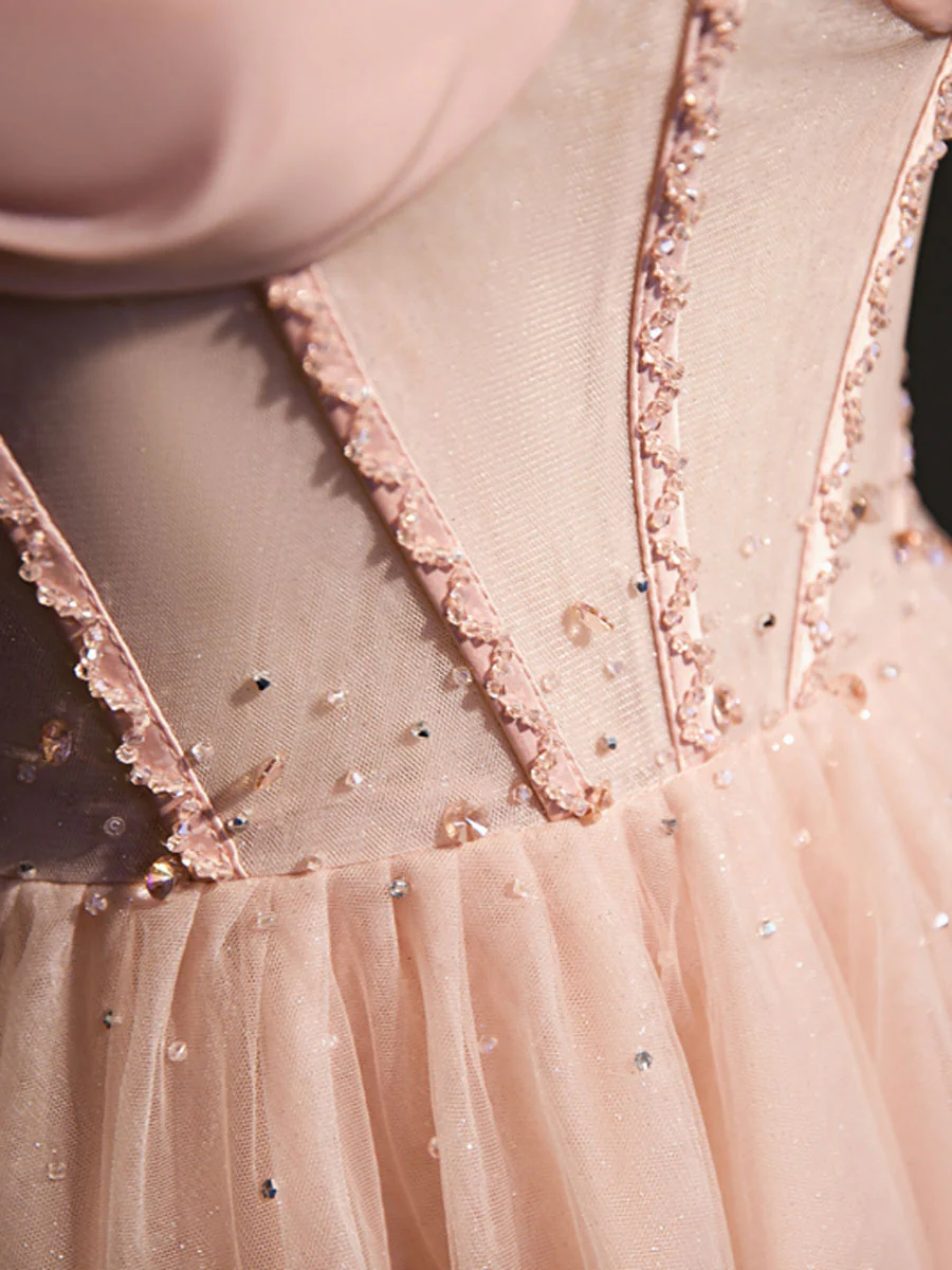 A line Pink Long Prom Dresses, Pink Tulle Formal Graduation Dresses With Beading - Deanwangkt