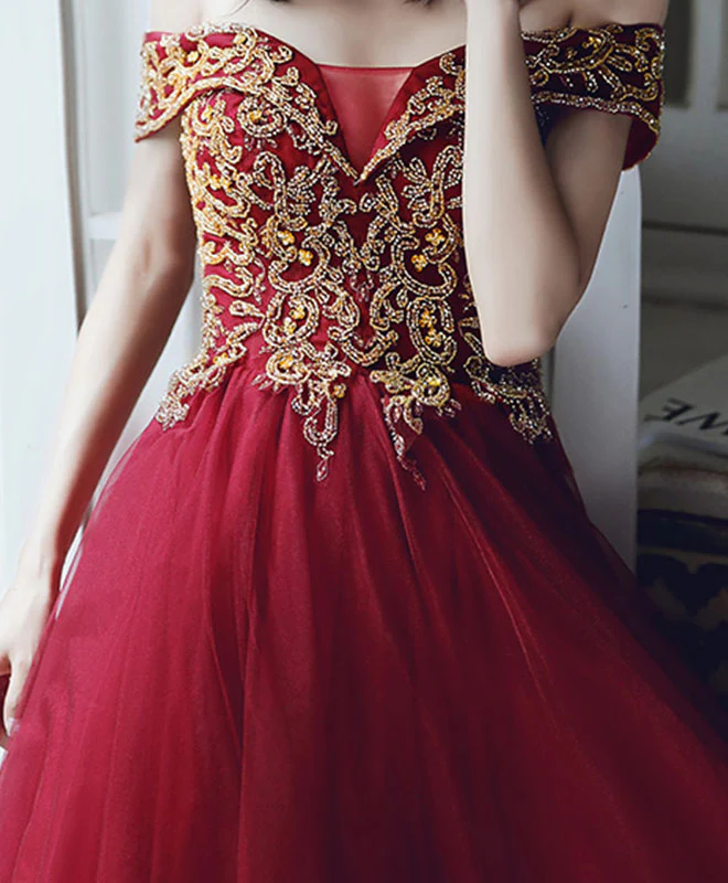 Burgundy Tulle Sequin Off Shoulder Long Prom Dress Burgundy Evening Dress - Deanwangkt