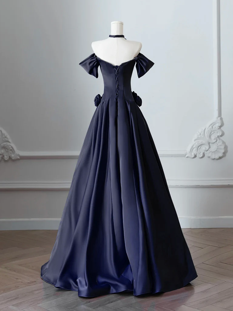 A-Line Off Shoulder Satin Dark Blue Long Prom Dress, Dark Blue Long Formal Dress - Deanwangkt