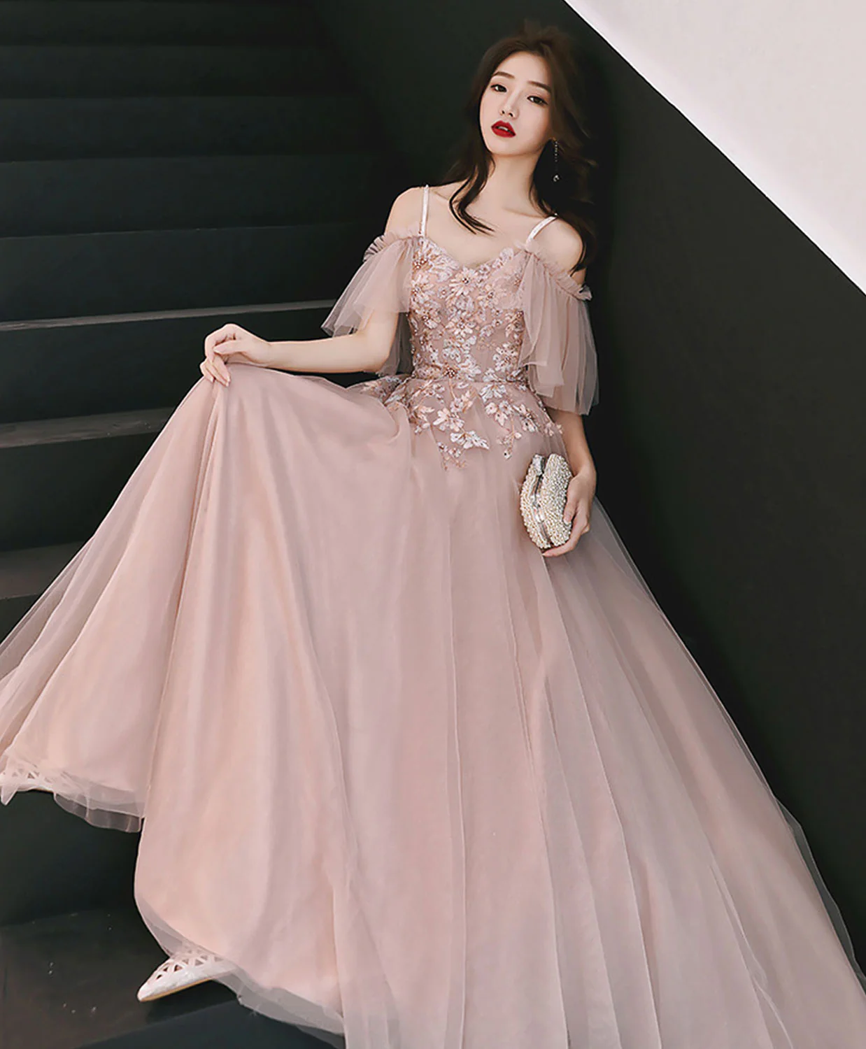 Pink Sweetheart Tulle Lace Applique Long Prom Dress, Evening Dress - Deanwangkt