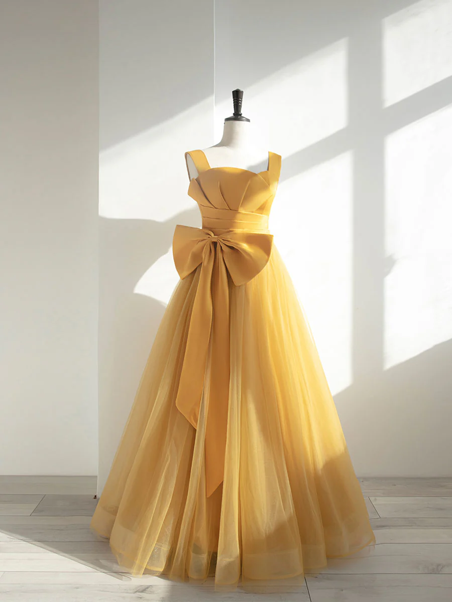 Simple Yellow Tulle Long Prom Dress, Yellow Formal Bridesmaid Dresses - Deanwangkt