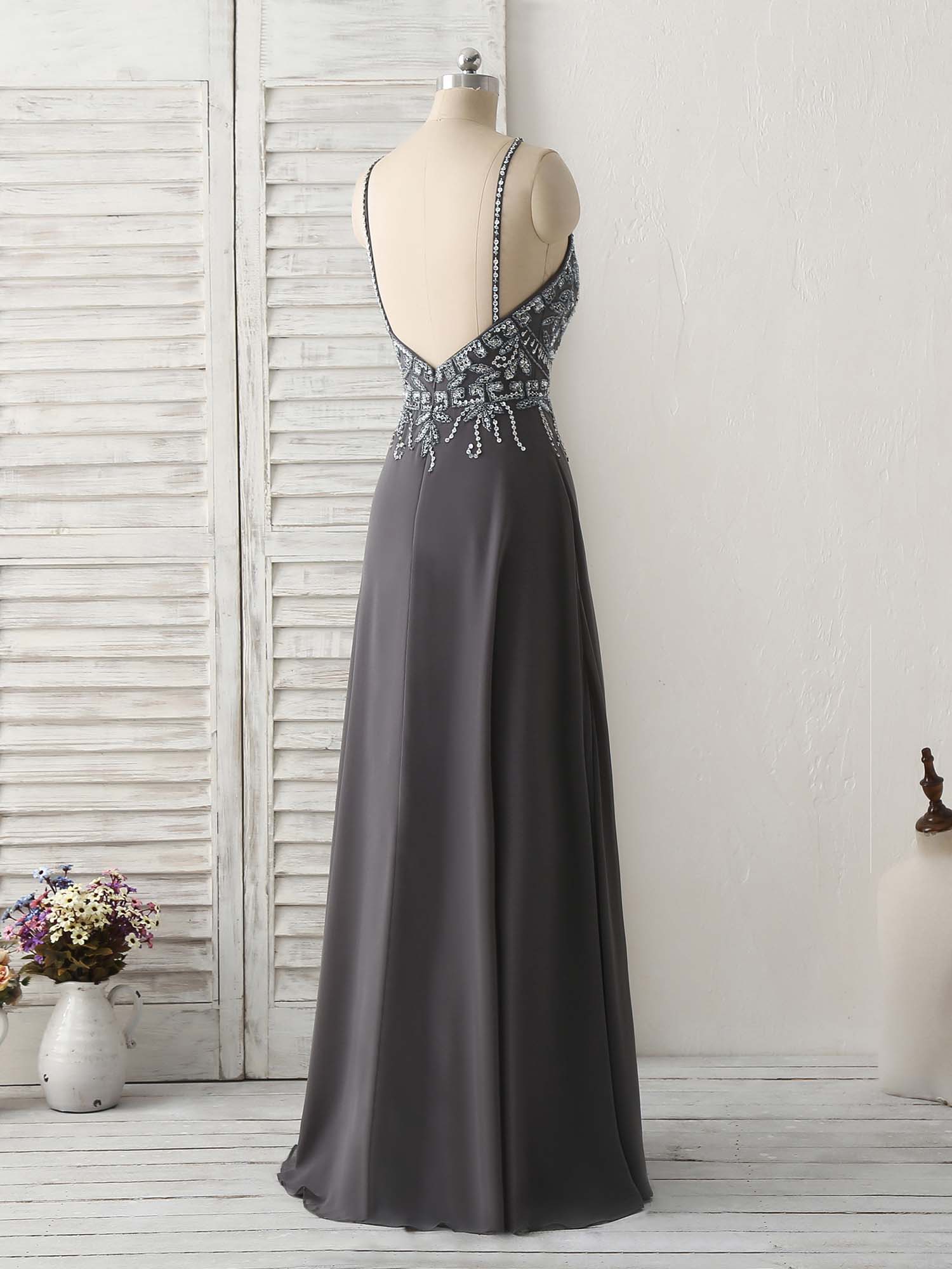 Dark Gray Sequin Beads Long Prom Dress Backless Evening Dress - Deanwangkt