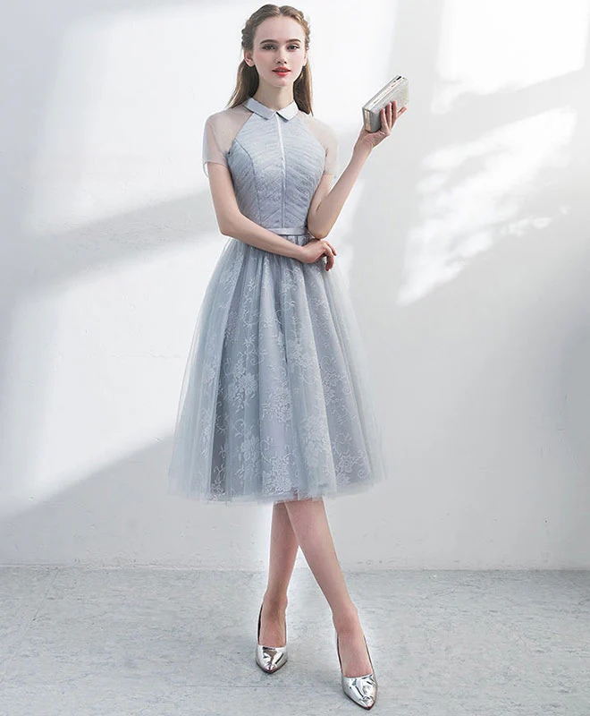 Unique Gray Tulle Lace Short Prom Dress, Gray Homecoming Dress - Deanwangkt
