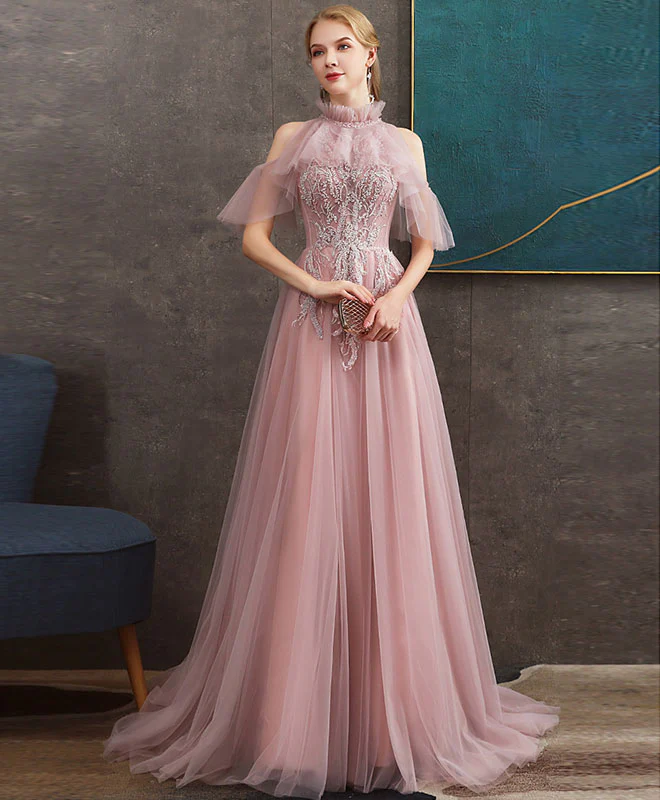 Pink Tulle Lace Long Prom Dress Pink Tulle Formal Graduation Dress with Beading - Deanwangkt