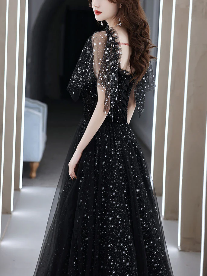 Black Tulle Off Shoulder Tulle Long Prom Dress Black Evening Dress - Deanwangkt