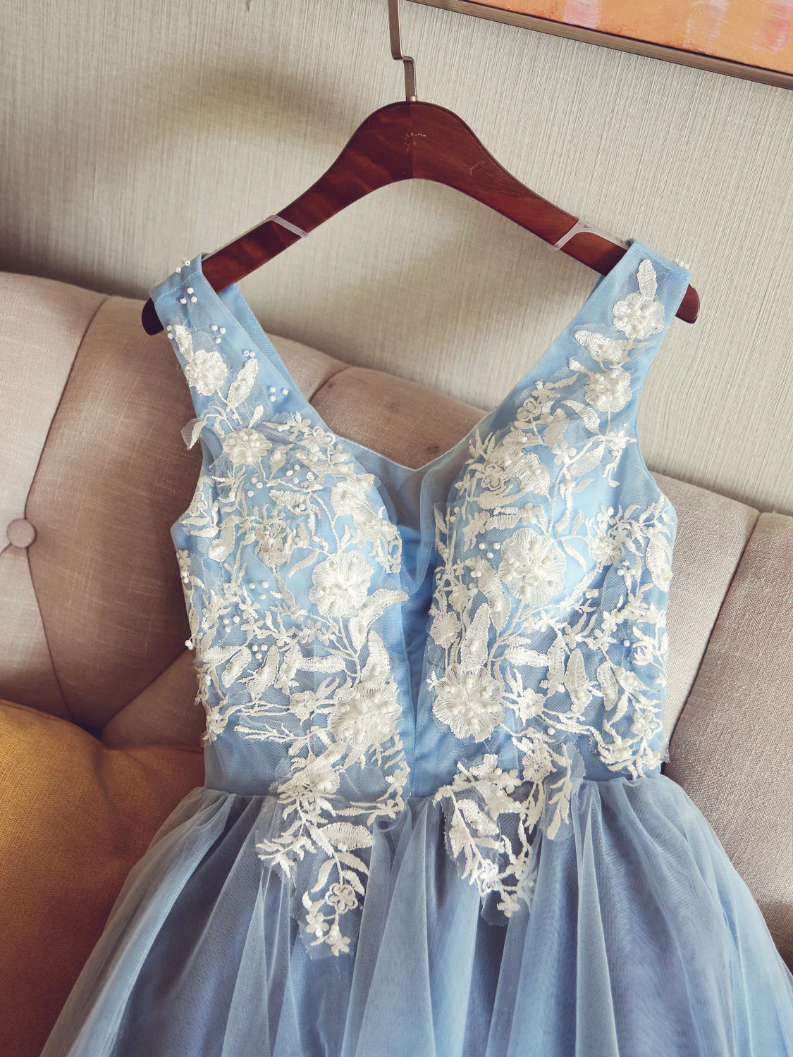 Cute V Neck Light Blue Tulle Lace Short Prom Dress Blue Homecoming Dress - Deanwangkt