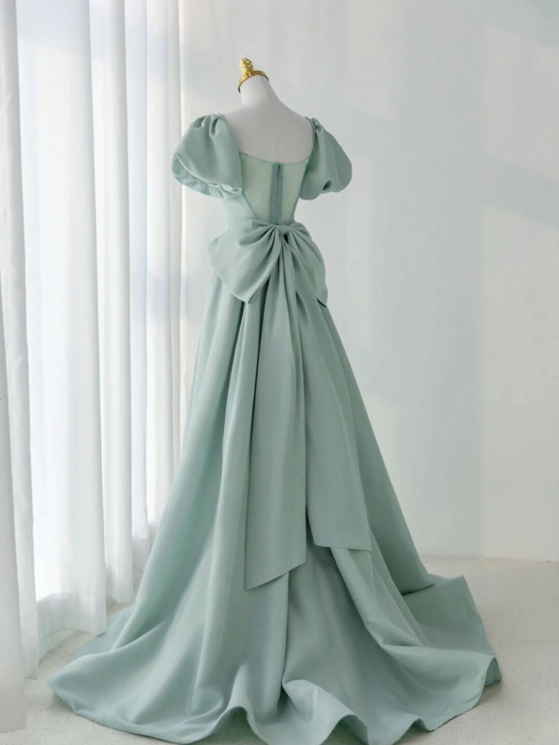 A-Line Puff Sleeves Green Long Prom Dress, Green Formal Dress - Deanwangkt