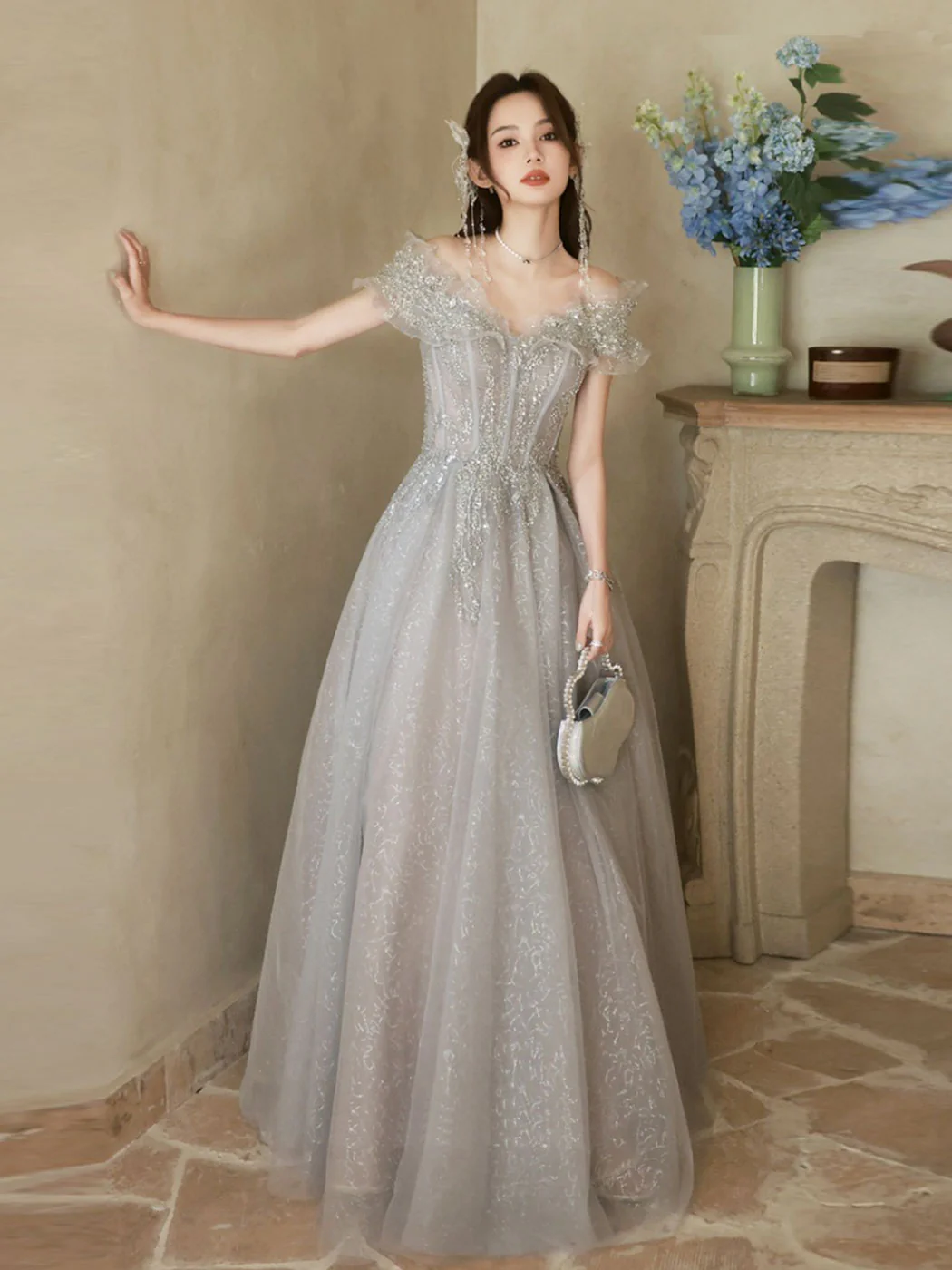 A-Line Off Shoulder Tulle Sequin Gray Long Prom Dress, Gray Formal Dress - Deanwangkt
