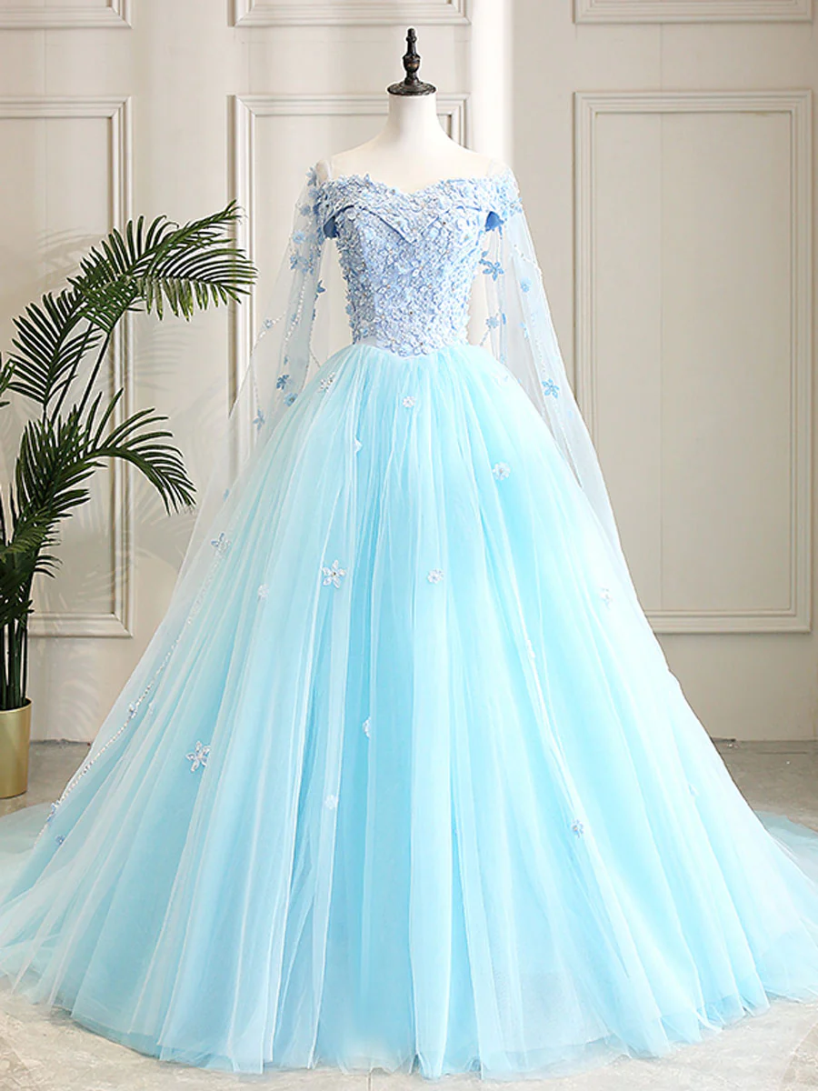 Blue Sweetheart Neck Tulle Lace Long Prom Dress, Blue Evening Dress - Deanwangkt