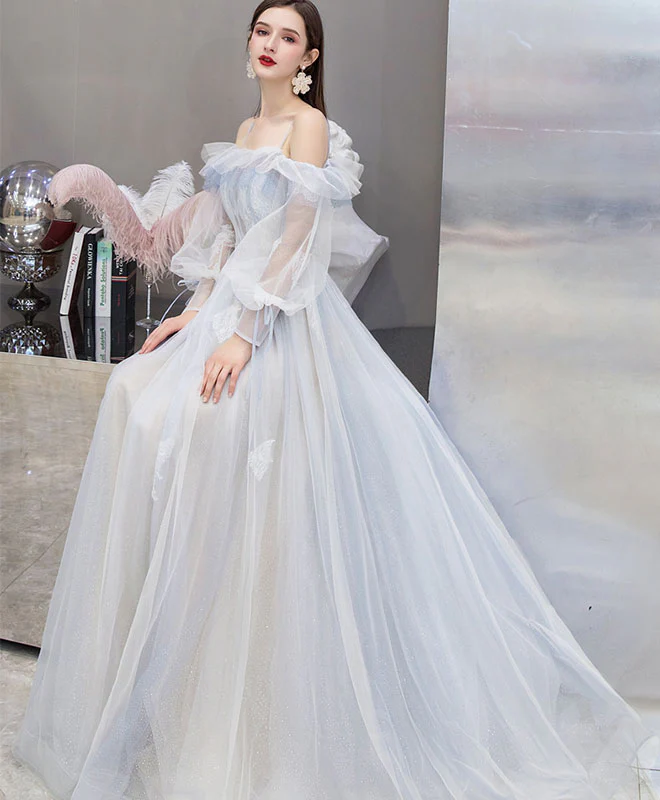 Blue Tulle Lace Long Prom Dress Blue Lace Evening Dress - Deanwangkt