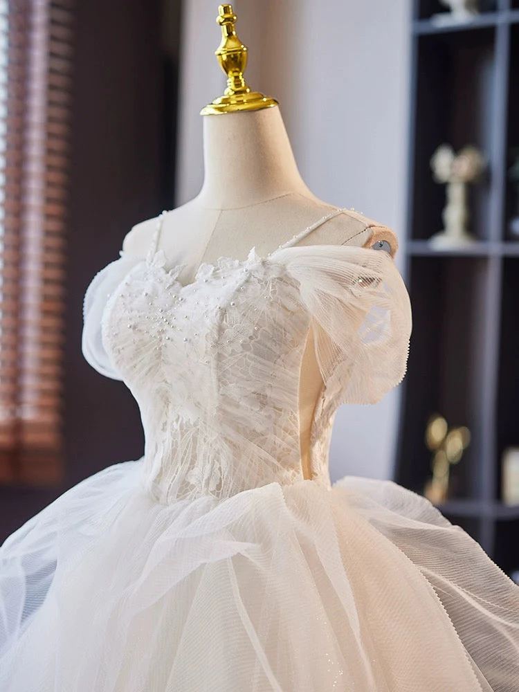 Off Shoulder Sweetheart Neck Tulle Lace White Short Prom Dress - Deanwangkt