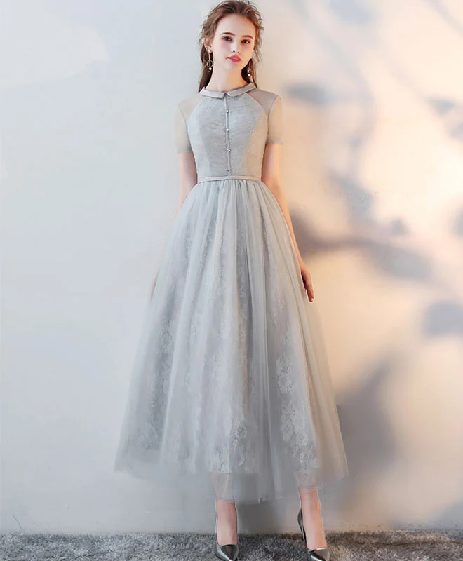 Gray High Neck Tulle Lace Prom Dress Tulle Lace Evening Dress - Deanwangkt